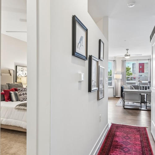 apartment hallways with decor and white walls